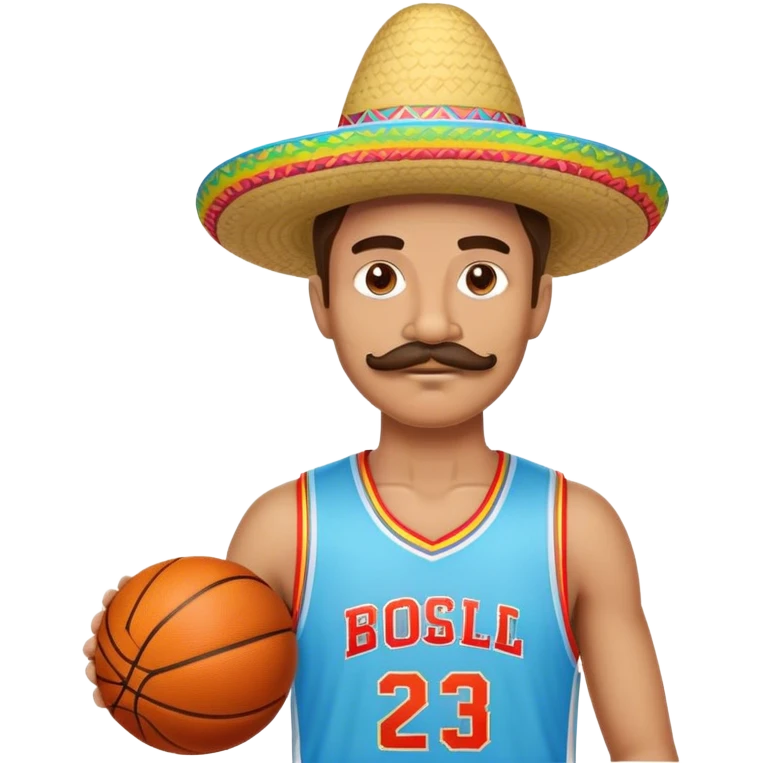 Wearing a fake mustache, a colorful sombrero, and a light blue basketball jersey emoji