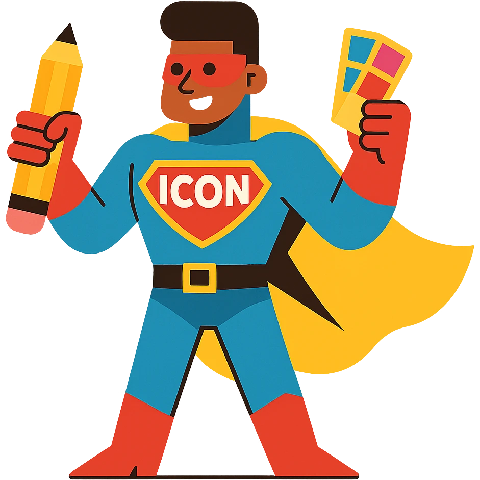 superhero character named Icon with a graphic designer theme emoji