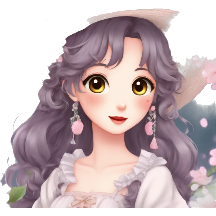Gorgeous anime style lady with blushing face and accessories cottagecore fairycore Kawaii anime colorful pearly romantic aesthetic trending style emoji
