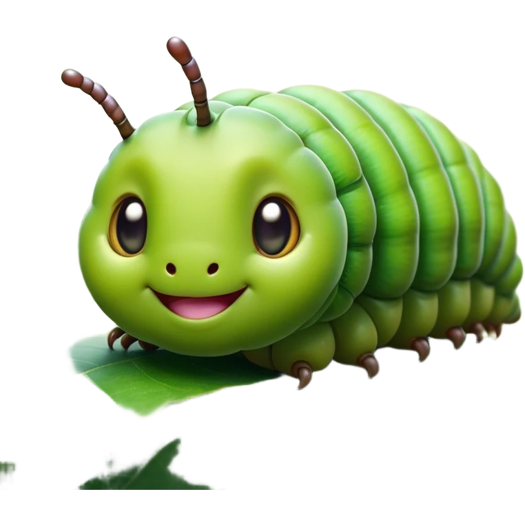 Cinematic Realistic Cute Caterpillar Portrait Emoji, Head tilted playfully and inquisitively, featuring a compact, segmented body in bright, vibrant green with delicate, inviting textures and a charming, rounded face with sparkling eyes full of curiosity, rendered with lifelike detail and natural highlights, high shine, affectionate and spirited, styled with a touch of garden whimsy, soft glowing outline, capturing the essence of a mischievous yet lovable caterpillar that seems poised to crawl cheerfully into your arms! emoji