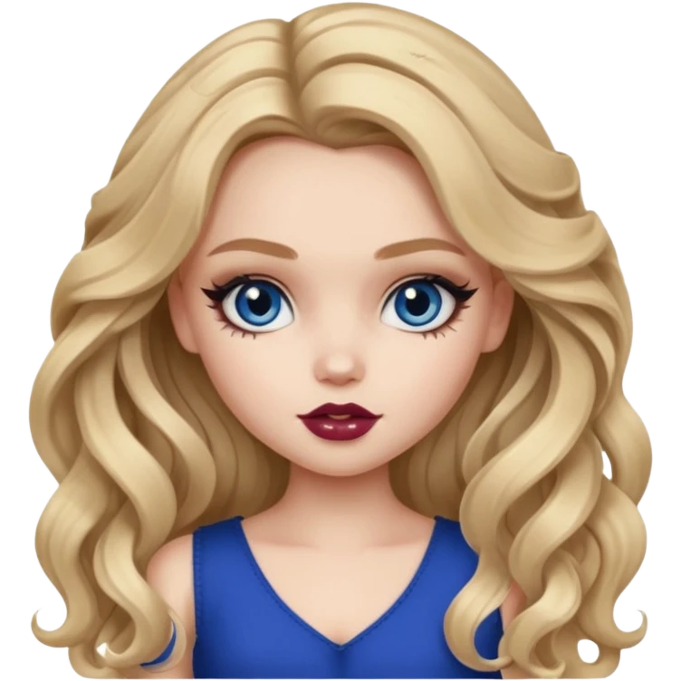 pale skin, girly bratz baddie, beautiful dark blue eyes, bratz makeup, long dark blonde wavy hair emoji