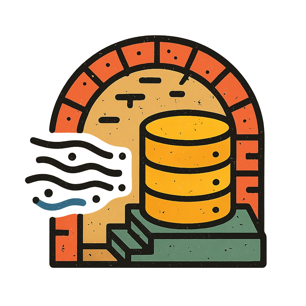 stacked database cylinders in a basement or underground setting with arched brickwork, stairs, or stone walls, flowing abstract data streams with lines, dots, or waves, worn and distressed effect, detailed icon emoji