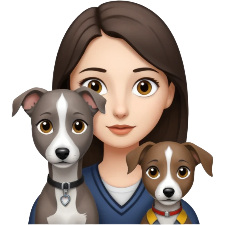 Brunette hazel eyed girl beside dark grey and white whippet  emoji