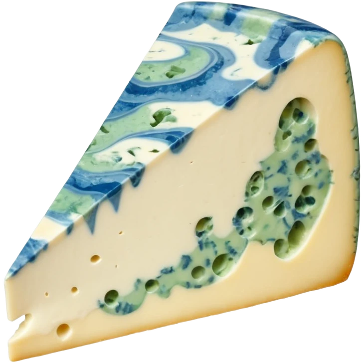 wedge of gorgonzola cheese, thick and creamy with off-white interior, blue-green mold veins, moist and oozing near edges, natural beige rind, soft texture, irregular marbling, apple emoji style, soft lighting, subtle shadows, transparent background, emoji scale emoji