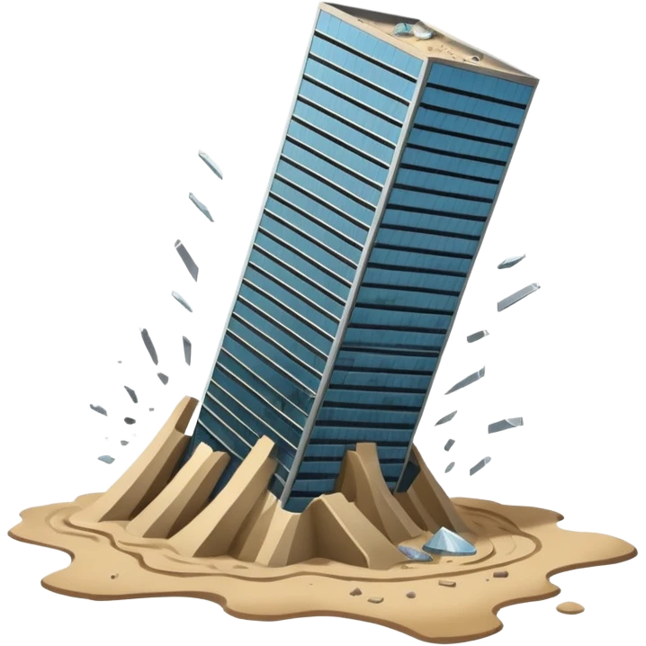 A skyscraper collapsing on quicksand, with floors breaking apart and falling out of the structure, glass and steel debris falling, realistic lighting, cinematic atmosphere, dramatic destruction, ultra detailed emoji