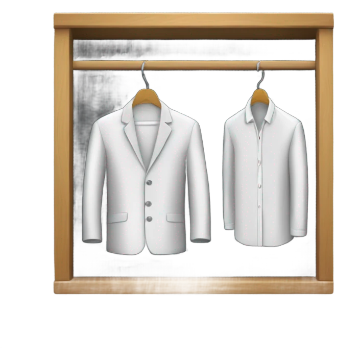 Design an emoji-style icon of an open wardrobe with clothes hanging inside. Include details like a wooden frame, hangers, and only black or white different clothing items such as shirts or any other clothing . Use a clean and minimalistic design. emoji