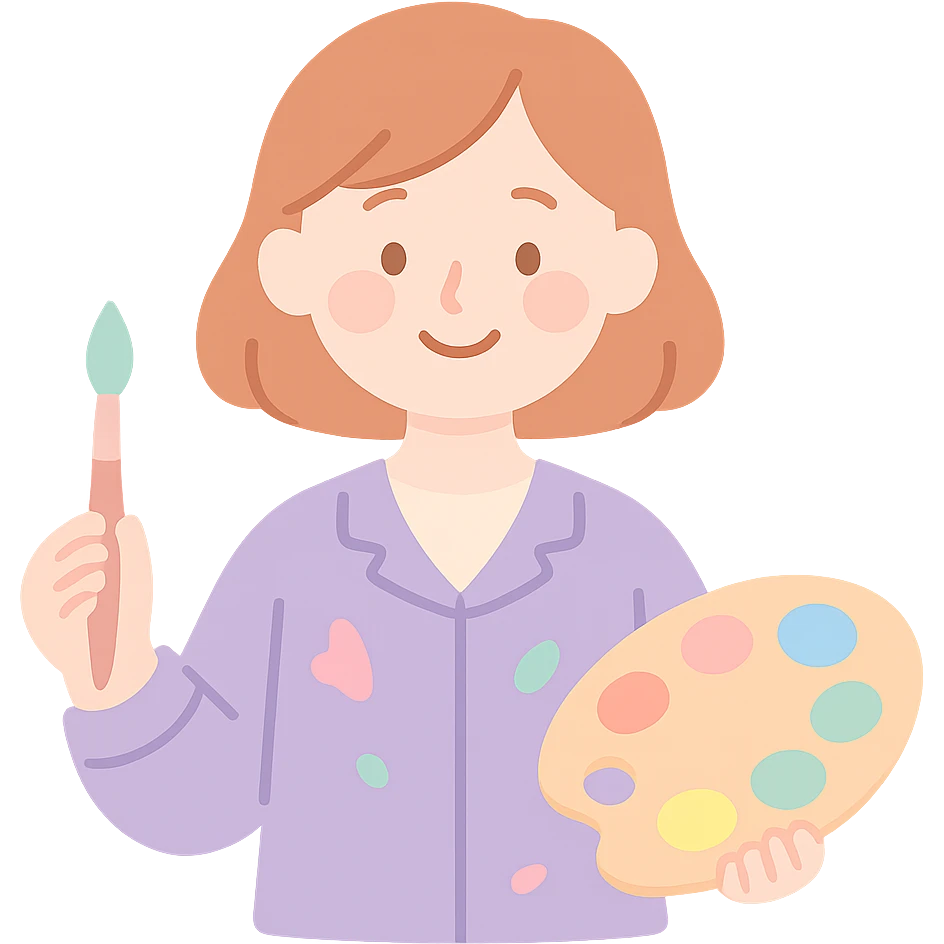 Serene female oil painter, Caucasian features, shoulder-length auburn hair, soft brown eyes, gentle smile, wearing a violet painter’s smock lightly stained with paint over a beige blouse, holding a wooden palette with vibrant colors in one hand and a brush in the other, waist-up, front-facing emoji