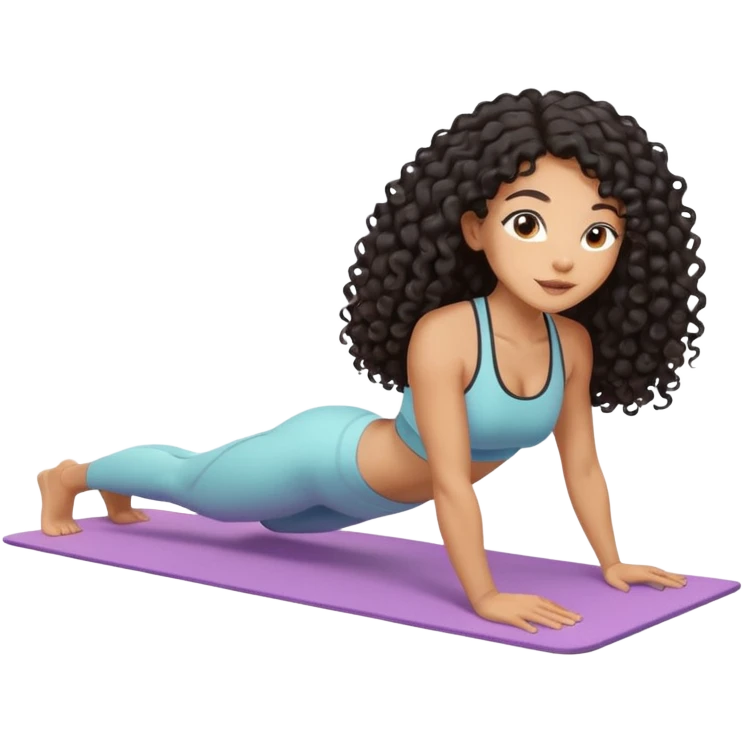 Mixed-race athletic woman with caramel skin, slim thick, long black curly hair, in a plank position on a pastel yoga mat emoji