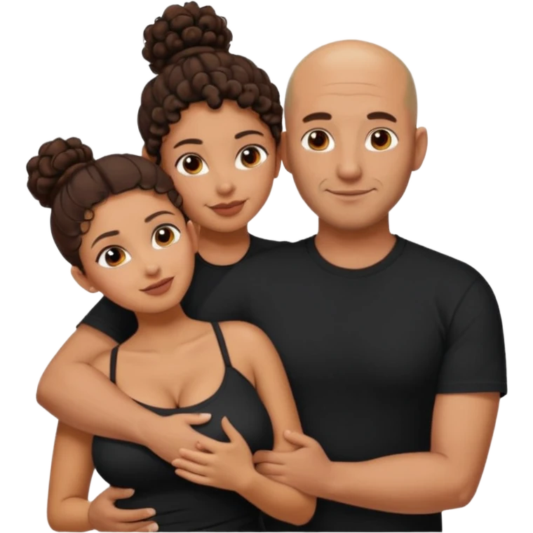 A picture of a tanned couple embracing. the man is a Mexican man with tanned skin, a bald hair cut, short beard and wearing a black shirt. the woman is mixed, with curly brown hair in a messy bun and with big boobs  emoji