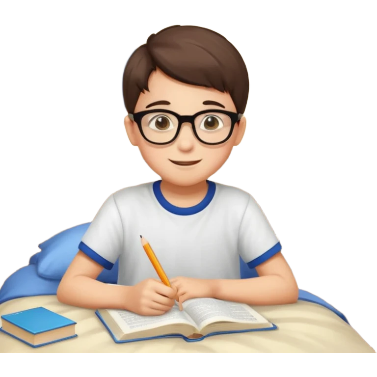 un niño de entre 3 - 10 años estudiando ingles, un destello de luz o colores más vivos para el niño que estudia en su habitacion feliz  emoji