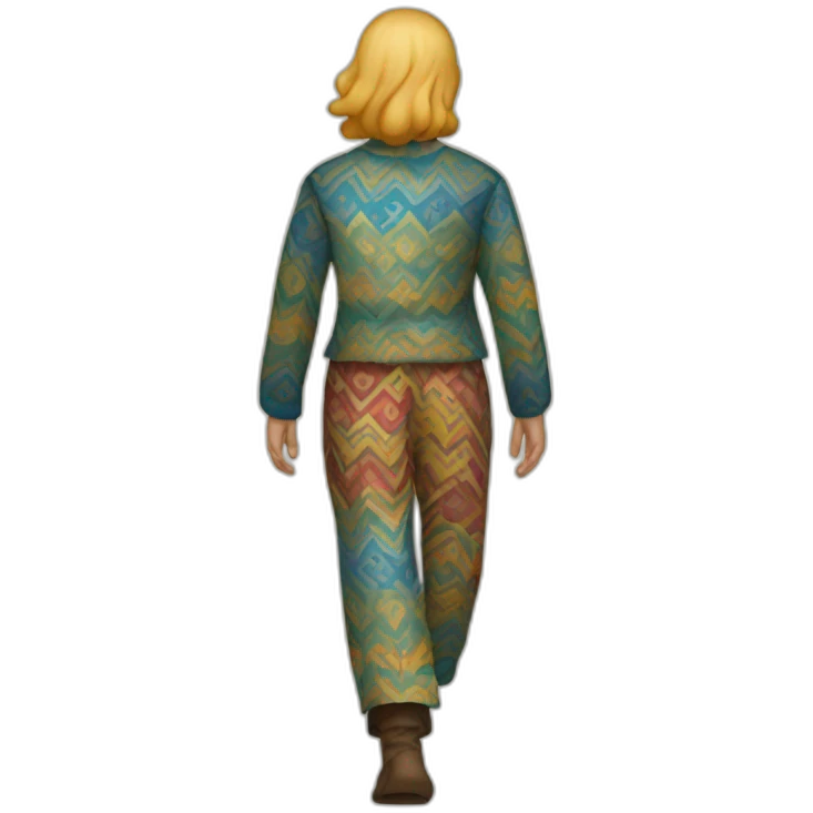person wearing colorful pattern wide pants, walking, medieval emoji