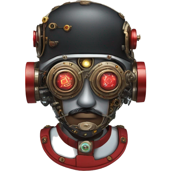 Round cyborg head with red steampunk goggles, black goatee and circuits emoji