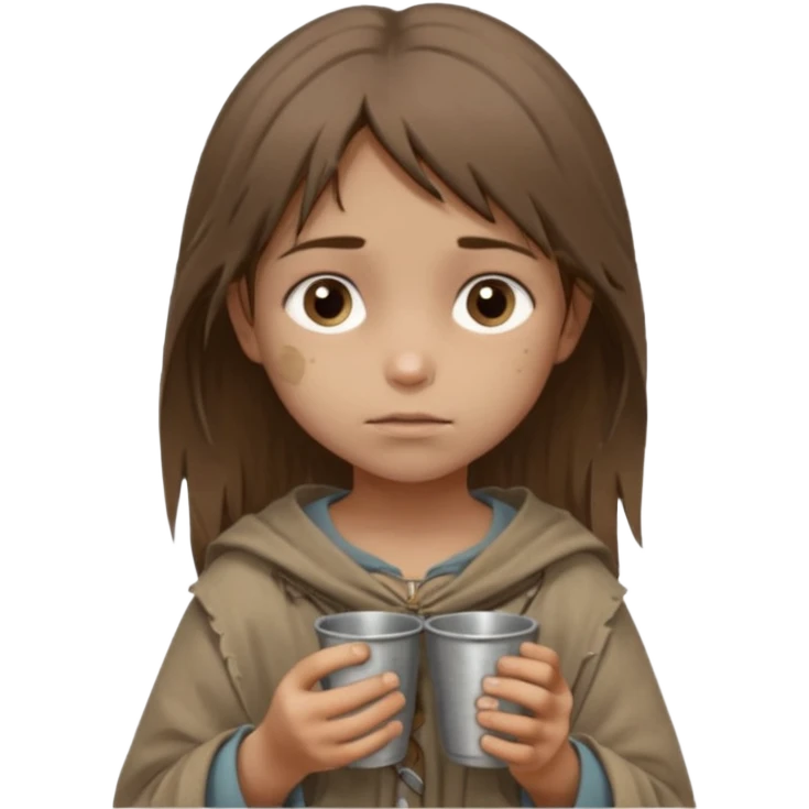 little beggar girl character, chest-up portrait, loose slightly messy hair, worn and oversized clothes in neutral earth tones, tired but gentle eyes, subtle dirt marks on face, holding small metal cups for coins, humble and innocent expression emoji