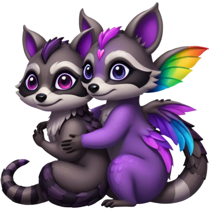 2 black female raccoon dragon hybrids with rainbow colored wings and purple eyes hugging emoji