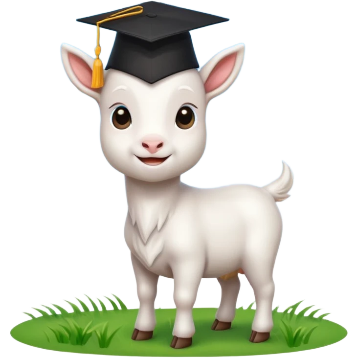 cute white goat emoji, wearing black graduation cap, standing on green grass, blue sky, proud and confident emoji