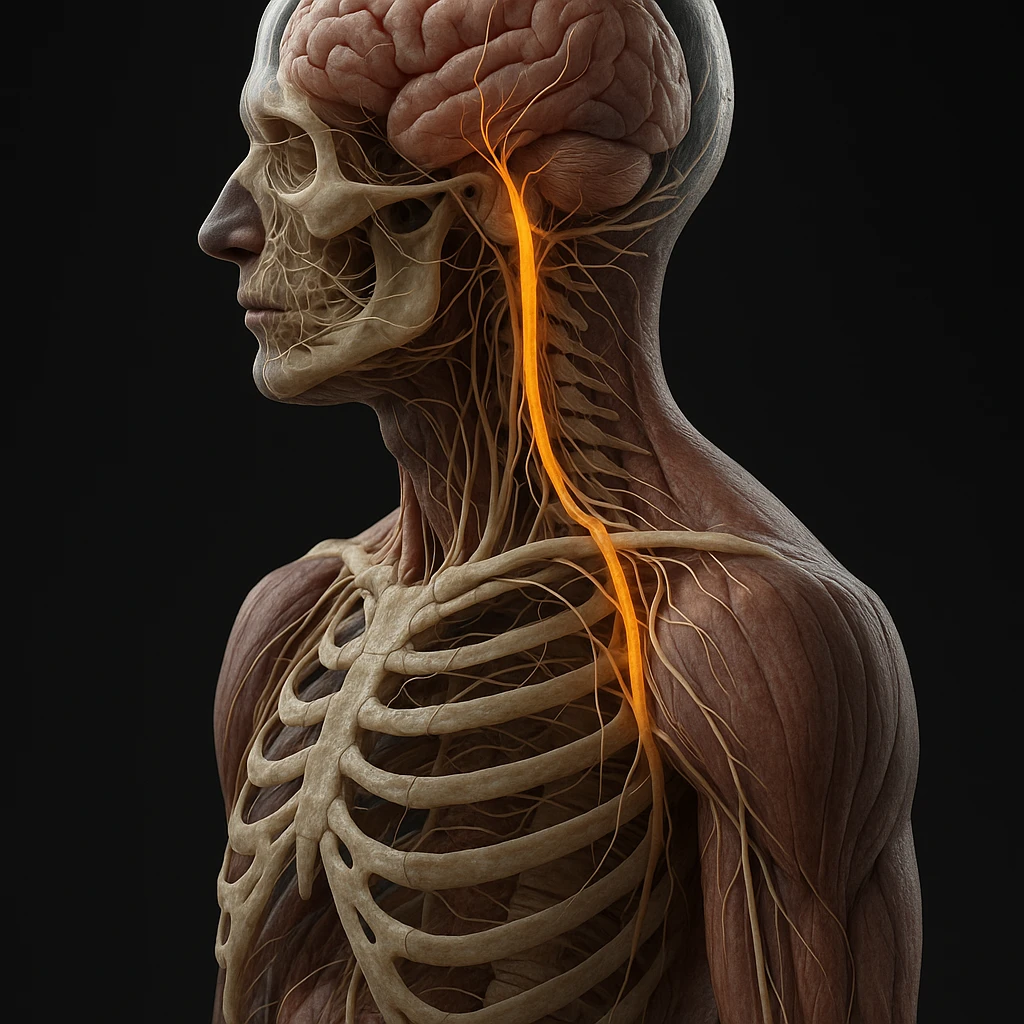 vagus nerve highlighted in the parasympathetic system, hyper realistic 4K style, anatomical details, realistic colors emoji