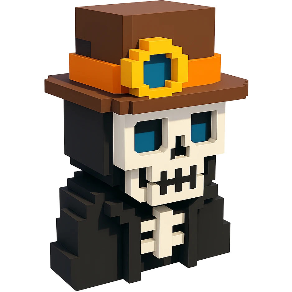a skeleton man in a black cloak with a steampunk top hat, voxel style emoji