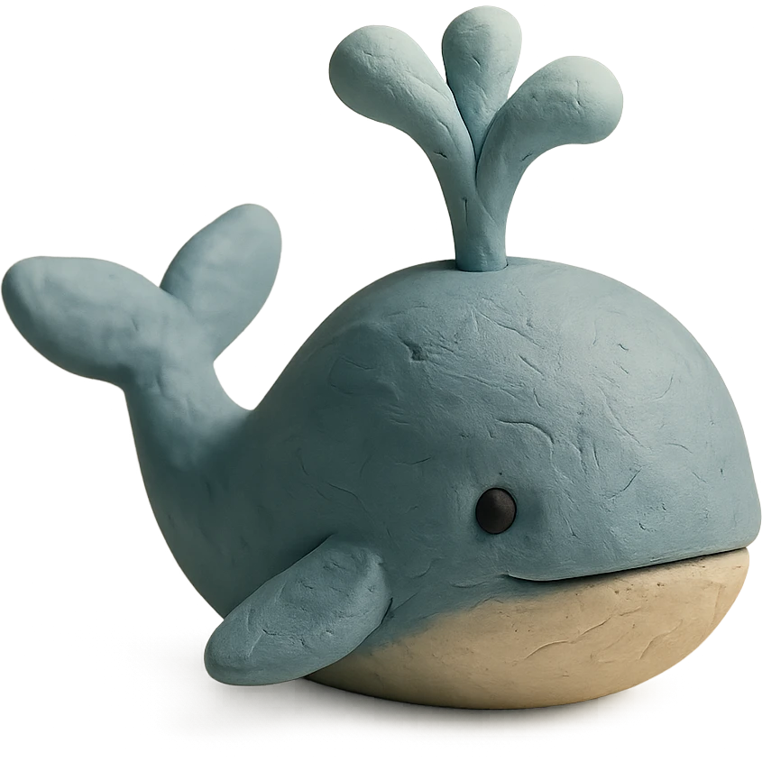 a blue whale with a water spout, claymation style, pastel colors, visible fingerprints emoji
