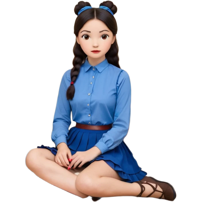 A woman with dark hair, straight and dark brown, styled in two buns, wears a blue long-sleeved shirt and a brown lace ruffled skirt. She holds a crayon in one hand. She sits on the floor with her legs crossed. The floor is covered with five stacks of colorful notebooks and a vase of red roses.  emoji