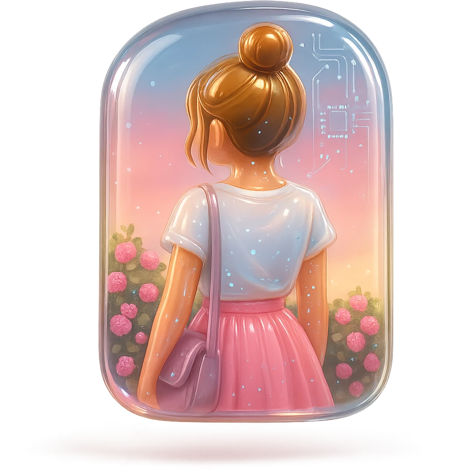 3D style girl with a bun hairstyle, wearing a white t-shirt and pink skirt, carrying a bag, standing among pink flowers, looking at a pastel sunset sky, shiny and glossy, on a white background. emoji