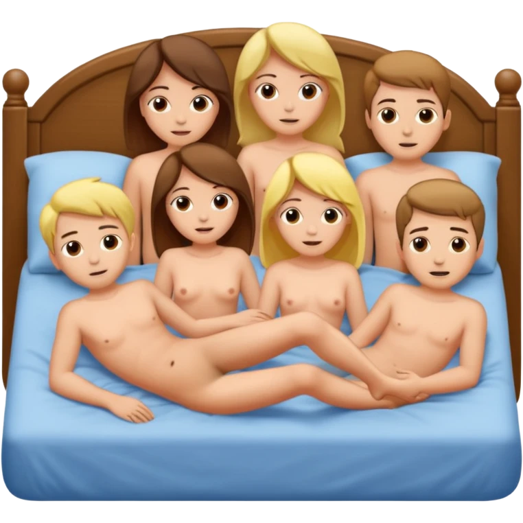 Naked girls and boys, completely unclothed with their entire bodies visible, are lying in bed. emoji