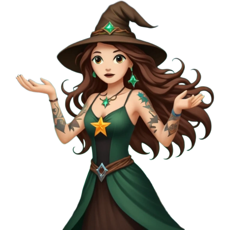 forest witch woman long wavy brown hair tattoos tossing star seed emoji