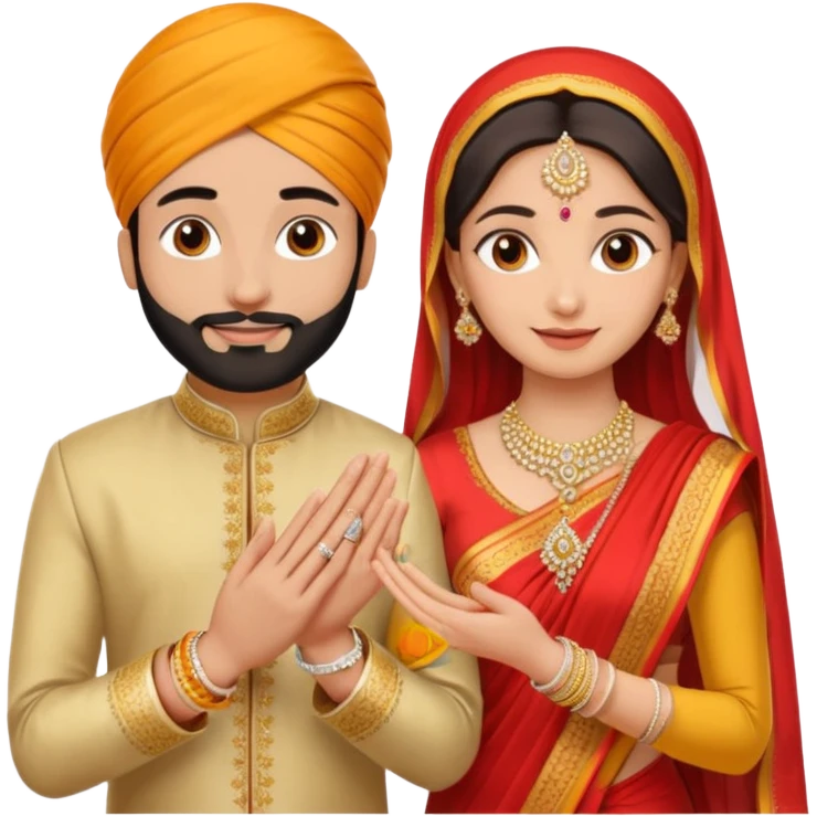 Two hands in a engagement..One hand of groom and one hand of bride. Bride hand - red/yellow saree. groom- light orange punjabi (oonly hands will be visible in the image). Groom's hand is holding a ring.*only the image of hand should be visible* emoji