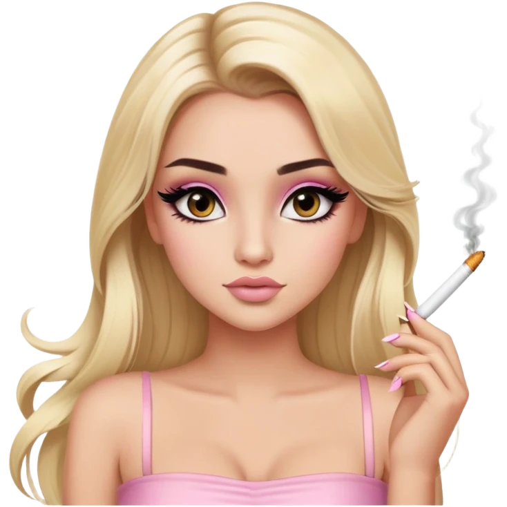 blonde long hair gorgeous girl with latina makeup holding a cigarette winged eyeliner big lashes light pink tube top emoji