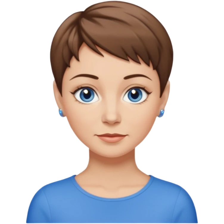 Frau helle Haut, braun mit dunkelblonden spitzen, kurzhaarfrisur Pixie schnitt, blaue Augen, mittleres alter emoji