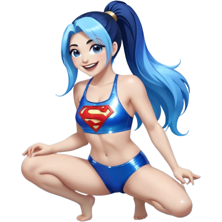 very very very large upper chest-laughing face-on knees sexy pose-very long straight flowing dark blue to light blue hair ombre all hair in a high ponytail and-blue eyes-black eyeliner-long eyelashes-iridescent bikini top with glitter superman logo-overall shorts emoji