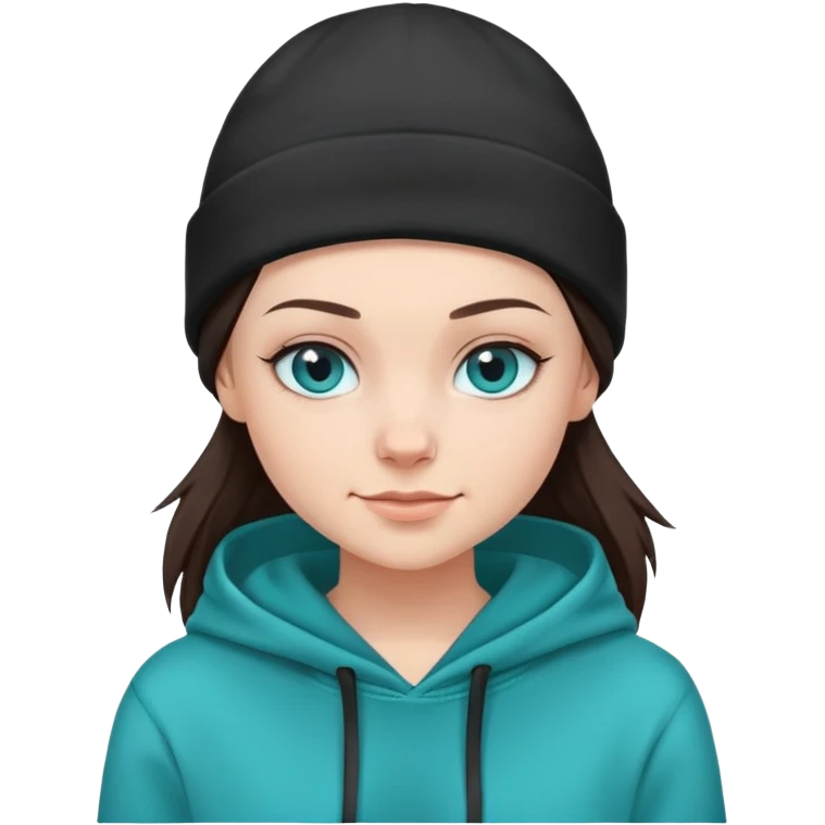 shaved haired brunette girl with a black beanie on and a teal hoodie. she has blue eyes and is smirking emoji