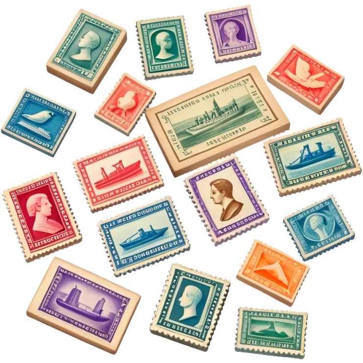 Icon for Stamp Collecting: a collection of vintage and colorful stamps arranged in an album or on a desk, with a large stamp block in the center showcasing different themes. The icon should reflect the charm and history of philately. Transparent background. emoji