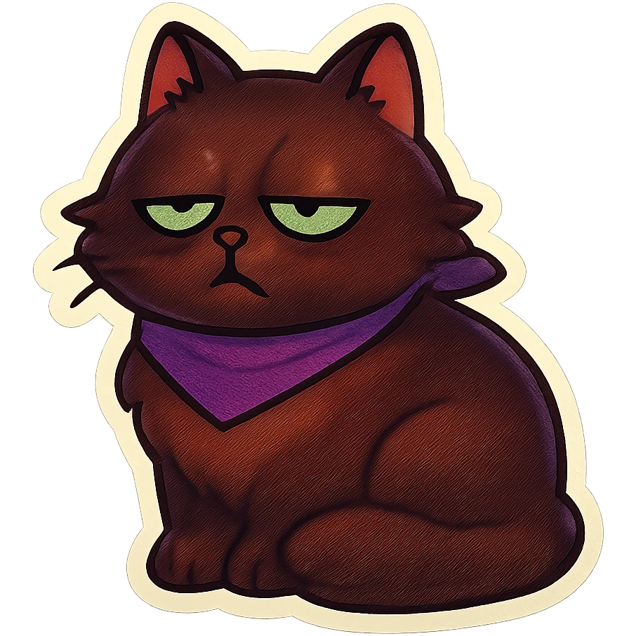 Fluffy sleepy tired dopey cute dark-brown cat with green eyes and a purple scarf  emoji