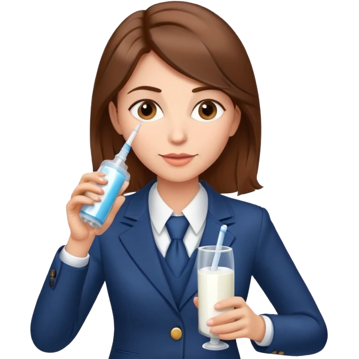 Mom with brown hair in business suit drinking milk and holding a vaccine syringe emoji