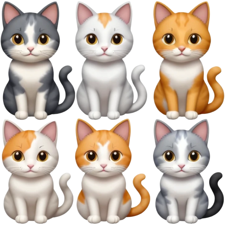 6 realistic looking cats with different natural coloured coats, assorted grey and white, greys, calicos etc
 emoji