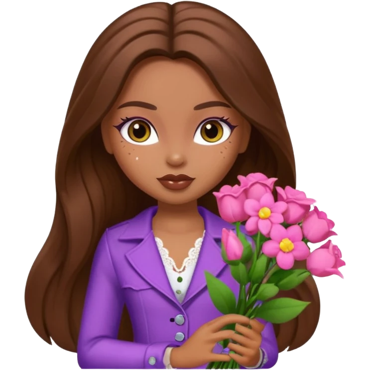 pretty bratz baddie, long brown hair holding flowers emoji