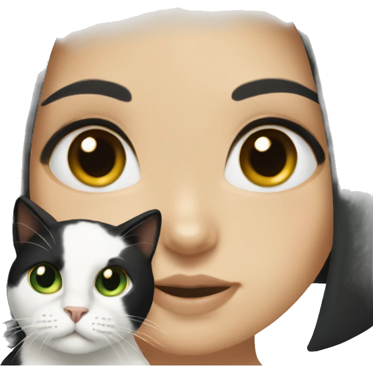 White girl with green eyes and black hair holding a calico cat emoji