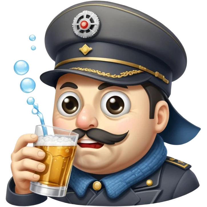 A very drunk locomotive train wearing a tilted ushanka hat, with crossed eyes, hiccuping vodka bubbles, spilling drink emoji