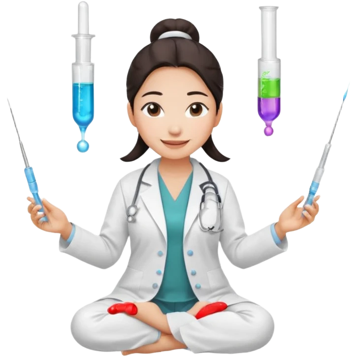 emoji of an asian woman with a single bun in a white lab coat sitting cross legged with a pipettes levitating in an arc around her head emoji
