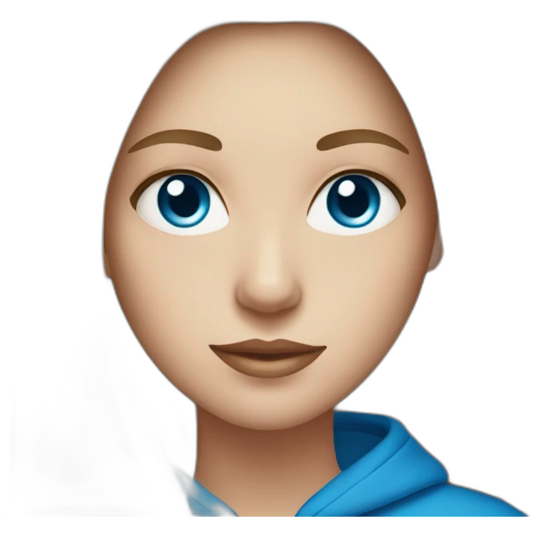 White woman with long dark straight hair and blue eyes with long eyelashes and blue hoodie emoji