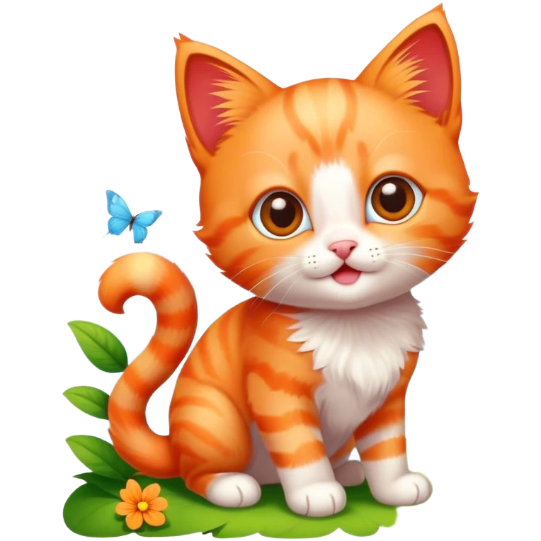 Orange kitten playing outside with a butterfly emoji
