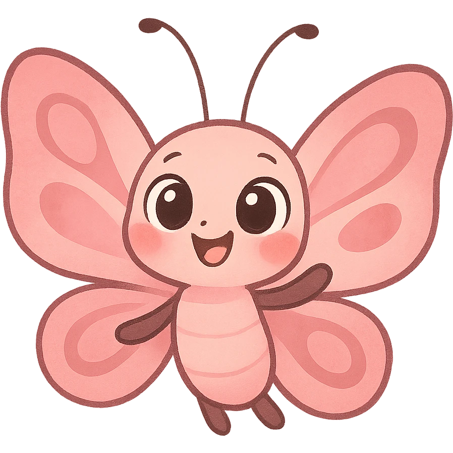 a cute pink butterfly, original design, big eyes, blushing cheeks, joyful emoji