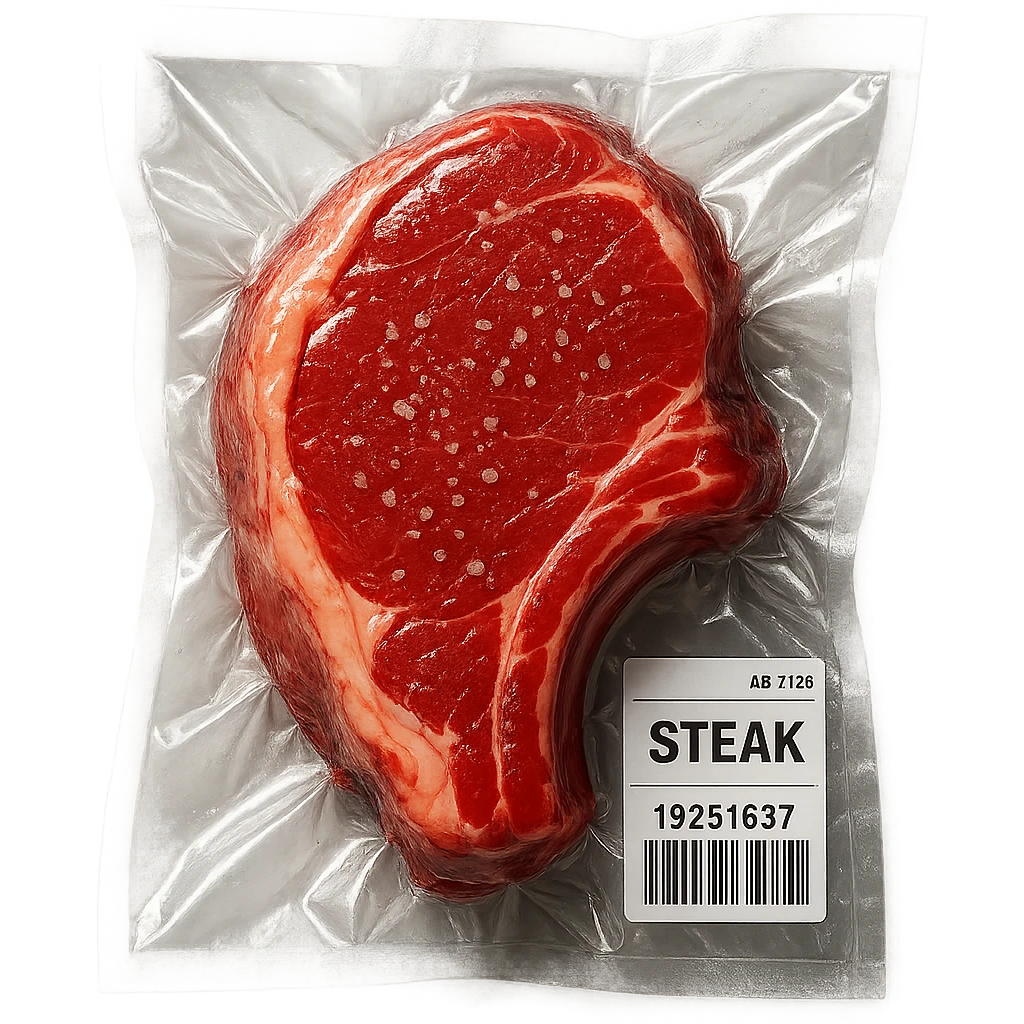 juicy steak sprinkled with tiny crystals, shiny and inflated, vacuum-sealed style emoji