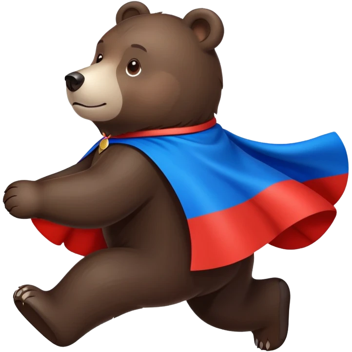Dark brown bear walking on four paws with Russian tricolor flag (white, blue, red) flowing like a cape over its back and shoulders emoji