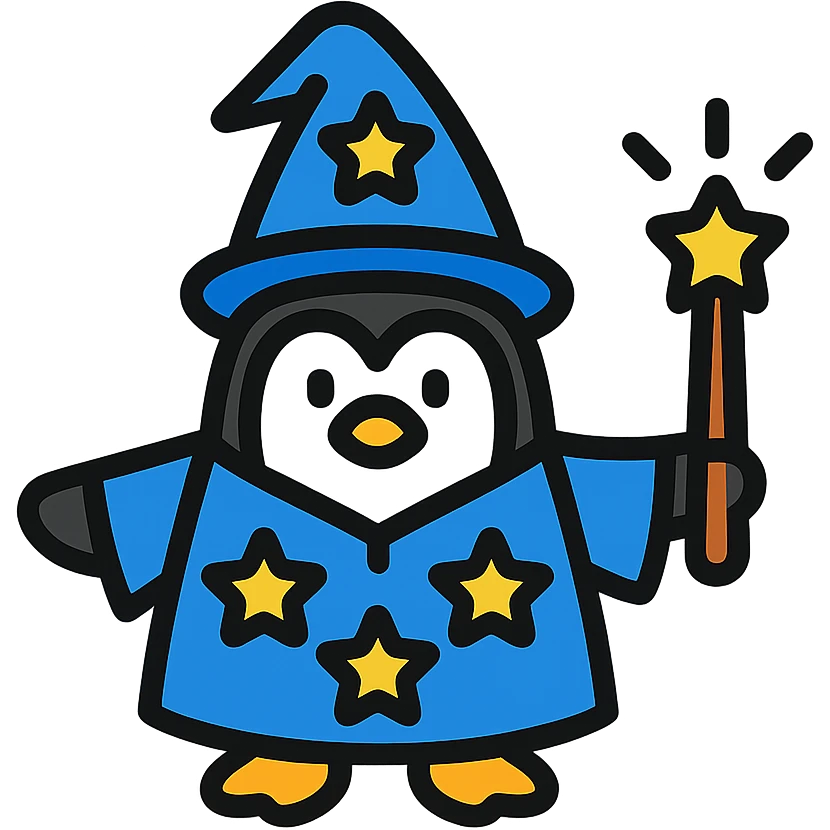 penguin wizard with a starry robe and a glowing wand, colorful outlined icon style emoji