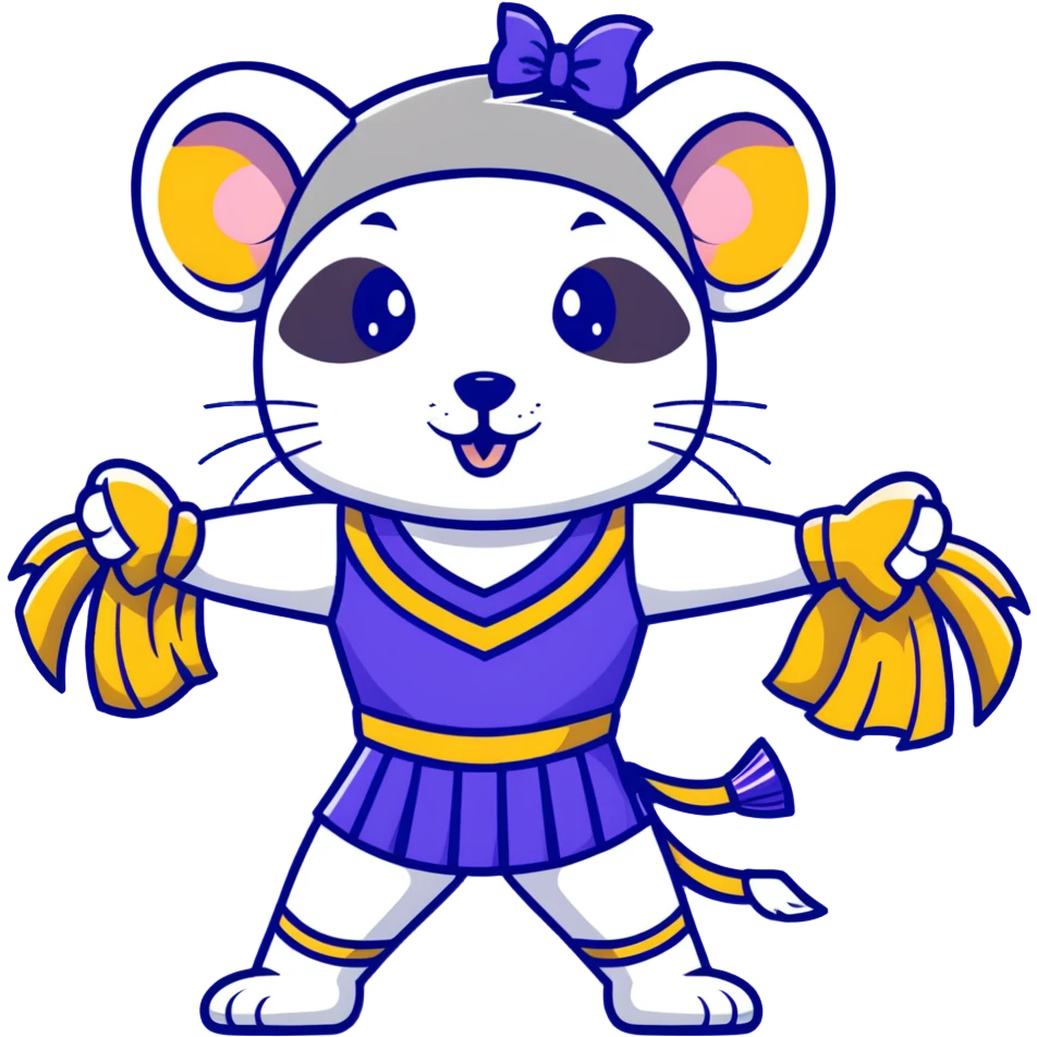 female rat cheerleader with blue bow, blue and gold uniform, Vikings team colors emoji