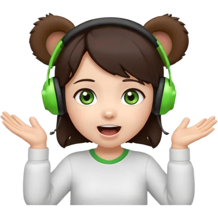Animated emoji, Chibi girl, dark brown hair, green eyes, wearing a white shirt and small brown bear ears on a black headset, with wide happy surprised eyes and mouth and clapping excitedly emoji