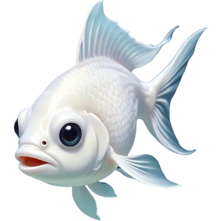 Cinematic Comical White Goldfish Portrait Emoji, Head tilted dramatically with an exaggeratedly amused expression, featuring a striking, glossy pure white body with elegantly fluttering fins, wide, expressive pale eyes filled with playful disbelief, Simplified yet hilariously expressive features, highly detailed, glowing with a slightly sassy glow, high shine, dramatic yet playful, stylized with an air of cheeky mischief, bright and endearing, soft glowing outline, capturing the essence of a spirited and over-the-top goldfish, so meme-worthy it feels like it could side-eye its way into internet fame instantly! emoji