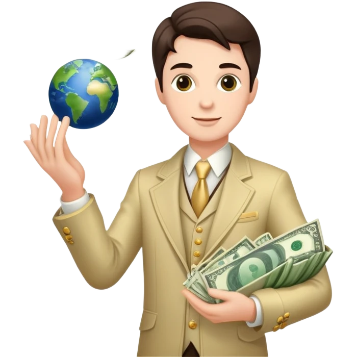rich person holding the earth in both hands, dressed in fancy clothes with money flying around emoji