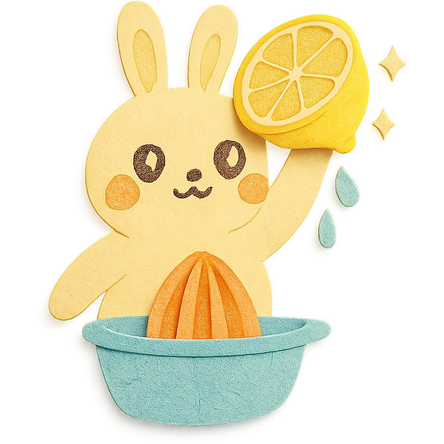 cute bunny-shaped citrus juicer, squeezing lemon, sparkling happy eyes, soft yellow, full-body emoji